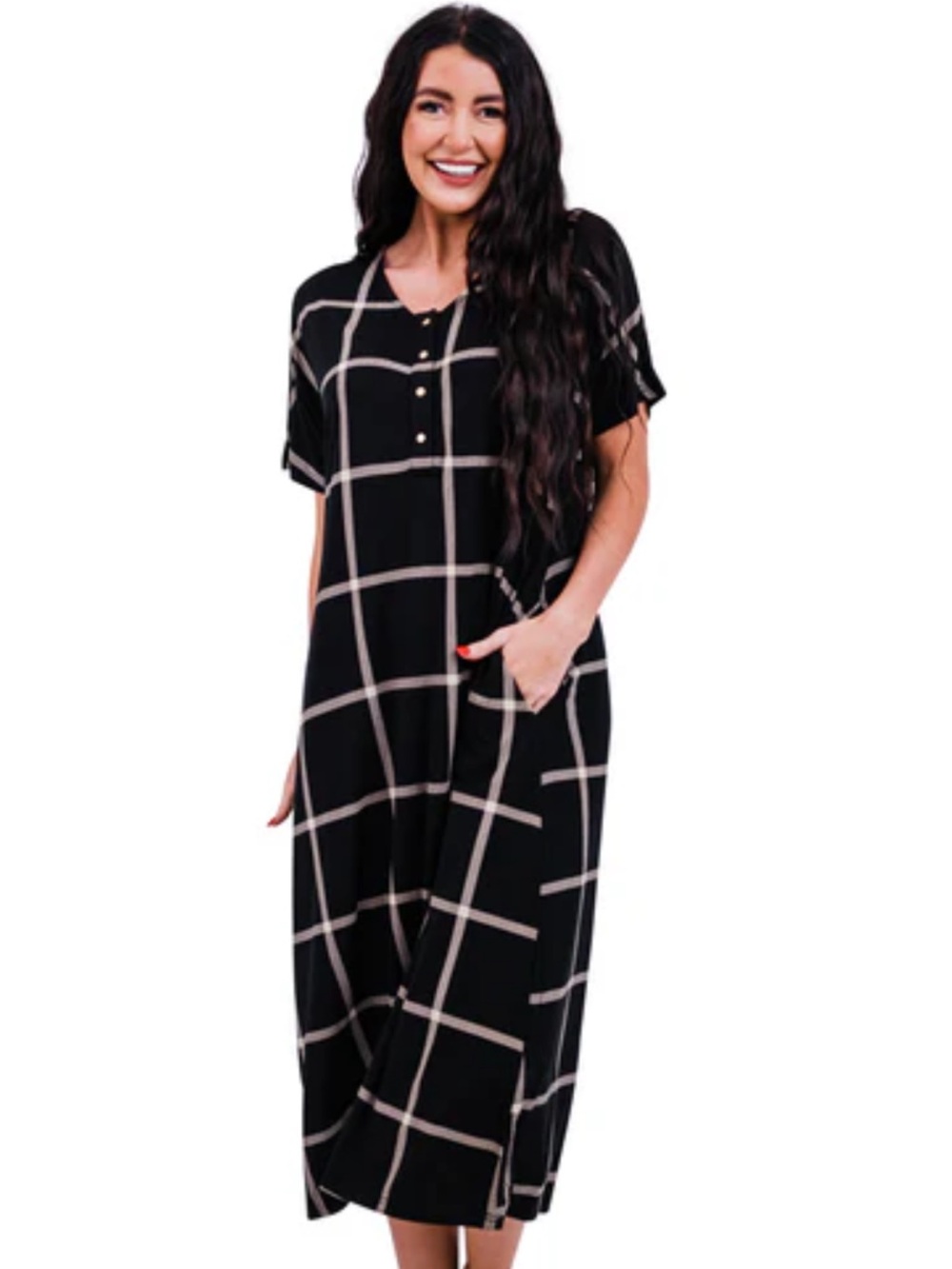 Nesting Olive Maternity Windowpane Short Sleeve Midi Dress with Pockets Size S/M